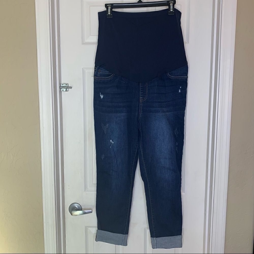 Enjean Maternity Jeans Size XL Distressed, Rolled Cuff, Full Belly Panel